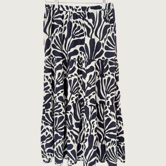 Christian Siriano Tiered Linen Blend Midi Skirt S Natural Navy Botanical Print - Picture 2 of 10